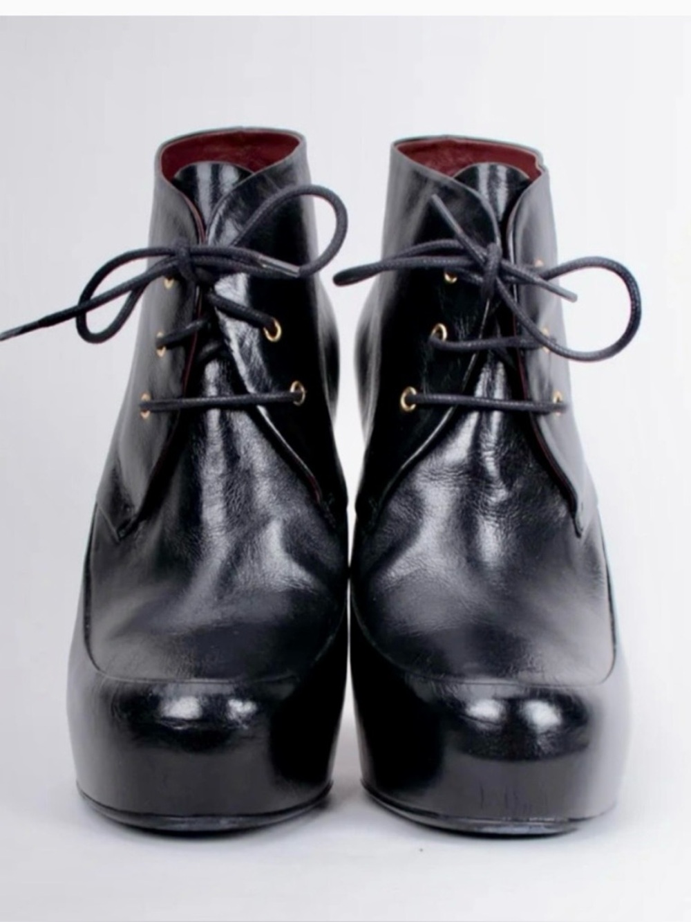 CHANEL Black Leather Logo Heel Lace-Up Platform Ankle Boots - Picture 5 of 15